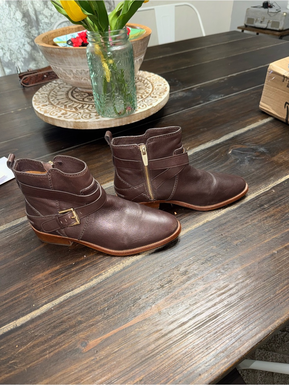 Coach Leather Ankle Boots Lannah Safari Booties Size 5 Zip Brown Gold Tone